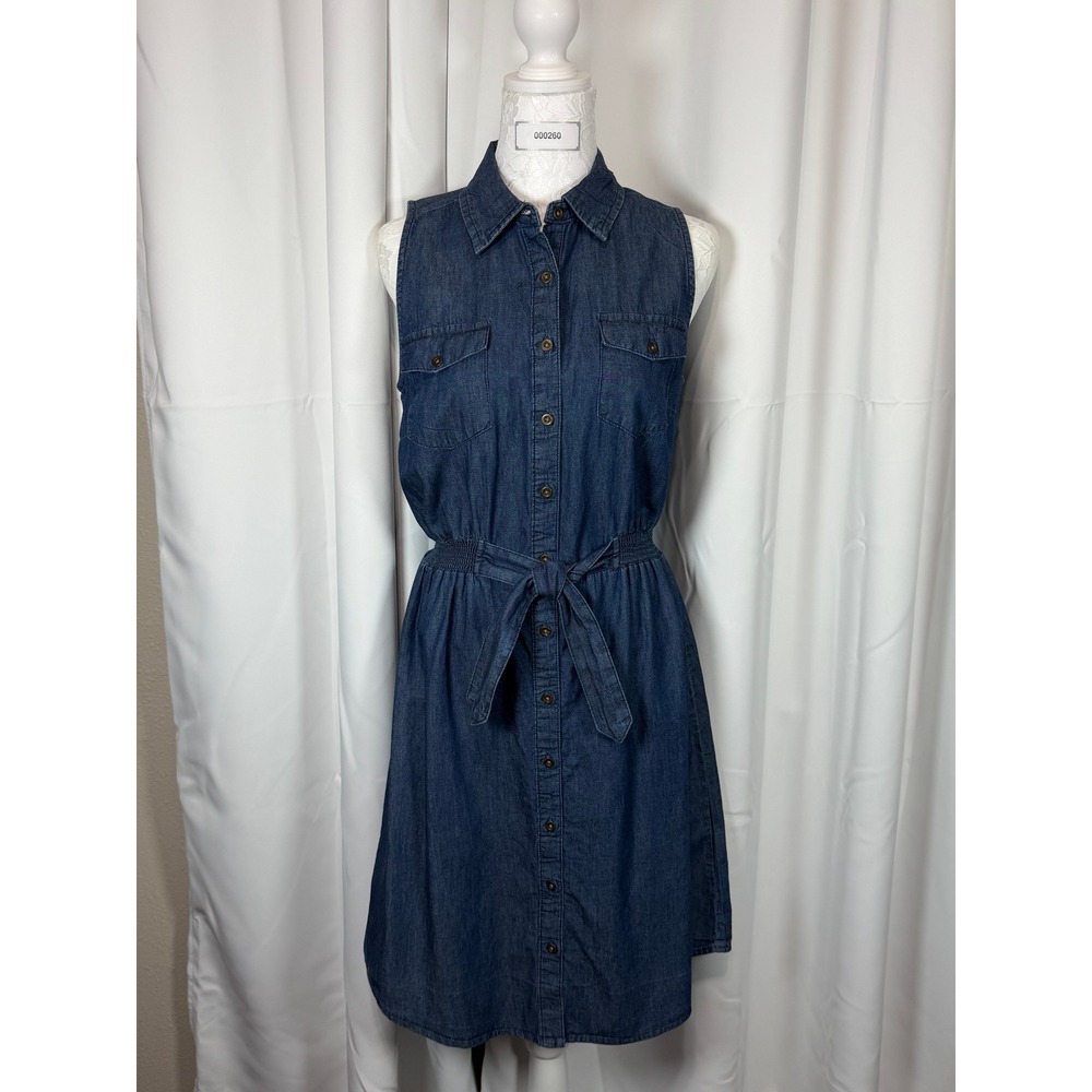 Millenium Womens Dark Wash Denim Sleeveless Shirt Dress Small Blue Cotton Belted